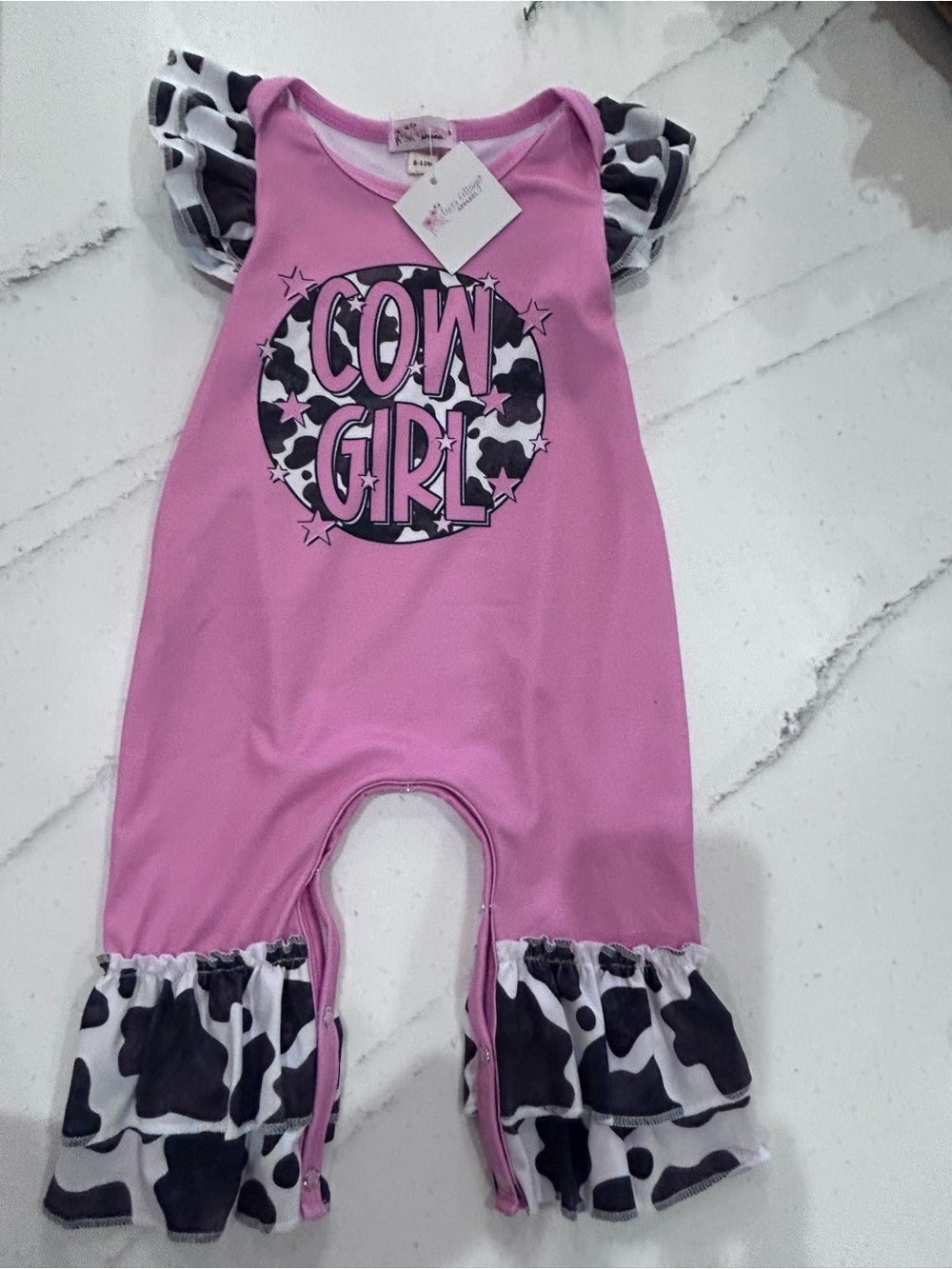 NWT “Clover Cottage” size 6-12 mo., Pink "Cow Girl" Ruffle Baby Romper